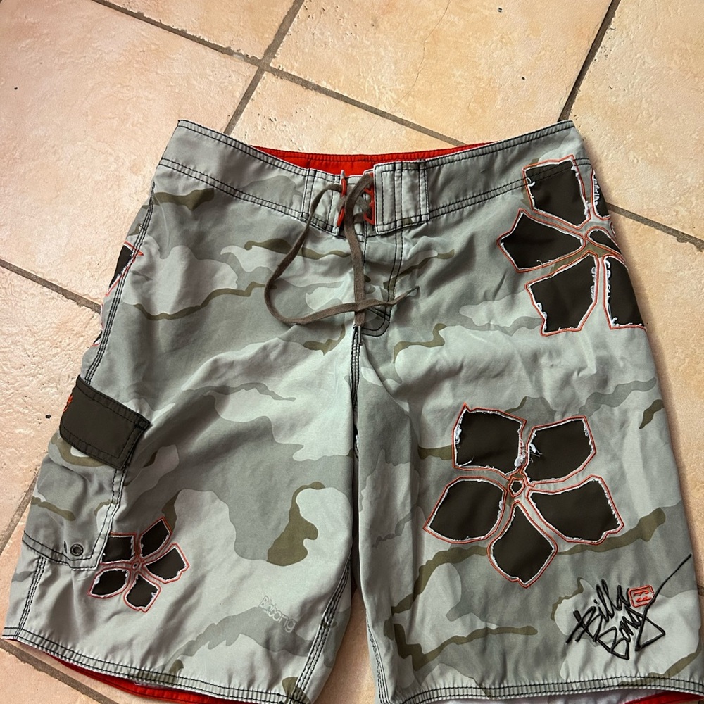 Billabong Gray Camouflage Board Shorts with Black Floral Design